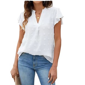 Blusa <span class=keywords><strong>de</strong></span> Verano con Mangas con Volantes Plisadas para Mujer, Estilo Casual, Cuello en V, Manga Corta, Color Blanco - Product Image 1