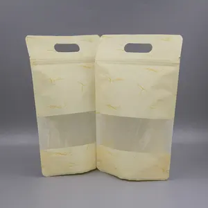 Papel de artesanía resellable para ventana transparente, bolsas grandes de arroz blanco con cierre hermético con mango
