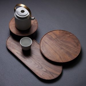 Vassoio Rotondo Galleggiante con Piedini Alti in Legno Massello di Noce Nero e Faggio, Stile Giapponese, Multifunzione, Porta Teiera - Product Image 2