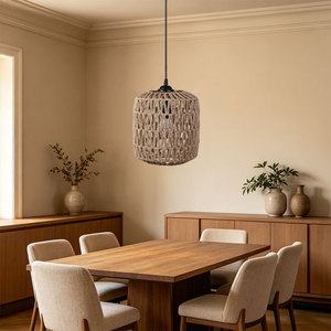 Lámpara colgante tejida a mano, color caqui, redonda, fuente de luz LED E27 para decoración de salones de té y restaurantes - Product Image 2