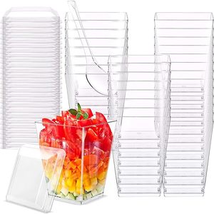 Mini Coupes à Dessert en <span class=keywords><strong>Plastique</strong></span> Transparent de 150 ml avec Couvercles et Cuillères, Carrées Réutilisables pour Parfaits, Apéritifs et Dégustation - Product Image 1
