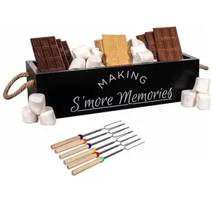 OEM S mores Station Wooden Box S mores Bar Carrier with Durable Handles and Marshmallow Sticks