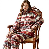 Nouvelle collection hiver : Ensemble de pyjama et de détente pour femme en polaire corail, chaud et épais, imprimé, à manches longues et pantalon, pour Noël et les fêtes