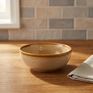 Service de vaisselle en porcelaine, design minimaliste rond, peint à la main, beige avec bord brun, passe au lave-vaisselle, durable et éco-responsable - Product Image 1