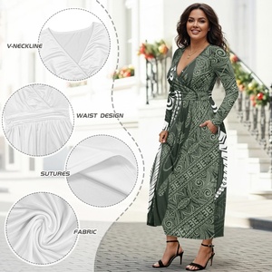 Vestidos Maxi Elegantes para Mujer con Estampado Tribal Polinesio Verde de Alta Calidad, Cintura Ajustada y Escote en V Sexy - Product Image 5
