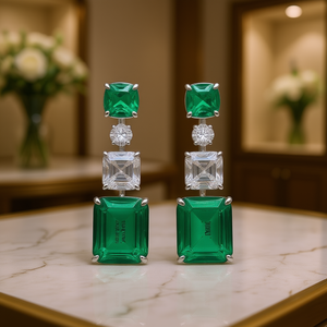 Orecchini Pendenti Smeraldo Verde con Montatura a Griffe in Lega, Gioielli Classici da Donna per Feste - Product Image 2