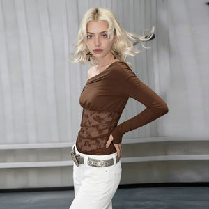 T-shirt à manches longues à épaule dénudée en dentelle sexy pour femmes Noir Coupe ajustée Transparent Mode Décontracté Haut de base - Product Image 6