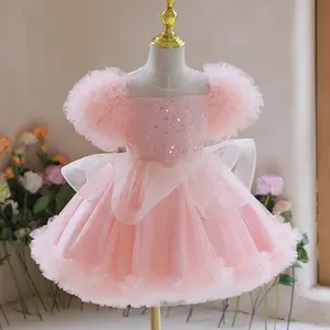 Gaun pesta anak perempuan, merah muda bunga gaun putri Super peri gaun Pompous pesta ulang tahun Host kostum rok Piano