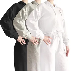 Set 2 Potong Musim Panas, Hoodie Crop dan Celana Longgar Rajut Pakaian Santai untuk Wanita 2 Potong Setelan Nyaman Setelan Trendi Wanita