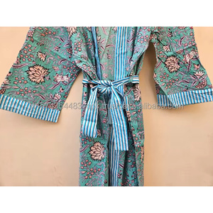 Kimono acolchado 100% algodón para mujer, largo, estampado a mano, suave, informal, para verano y primavera. - Product Image 3