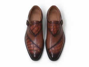 <b>Men</b> Brown Croco Textured <b>Monk</b> Strap Dress <b>Shoes</b> Premium Leather Buckle Formal Business Wedding Low Heel Footwear - Product Image 5