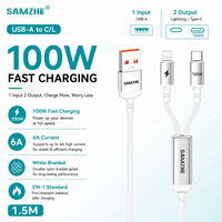 SAMZHE - Cable de Datos USB-A 2 en 1 Trenzado Blanco de 1.5 m, PD100W 6A Tipo-C/L, Cable de Carga Rápida para iPhone 14/13/12, iPad, CarPlay