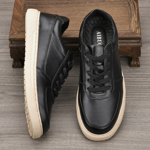 Black Genuine <b>Leather</b> Low Top Men's <b>Sneakers</b> Round Toe Lace Up Summer Breathable Casual Shoes - Product Image 1