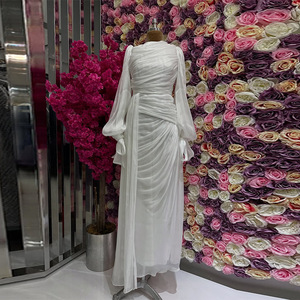 Robe longue plissée à manches longues pour femme avec traîne amovible - Robe de soirée en mousseline transparente tendance - Product Image 4