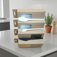 Ensemble de couverts jetables 100% compostables en CPLA (couteau, fourchette, cuillère, serviette) avec sac en papier kraft pour restaurant