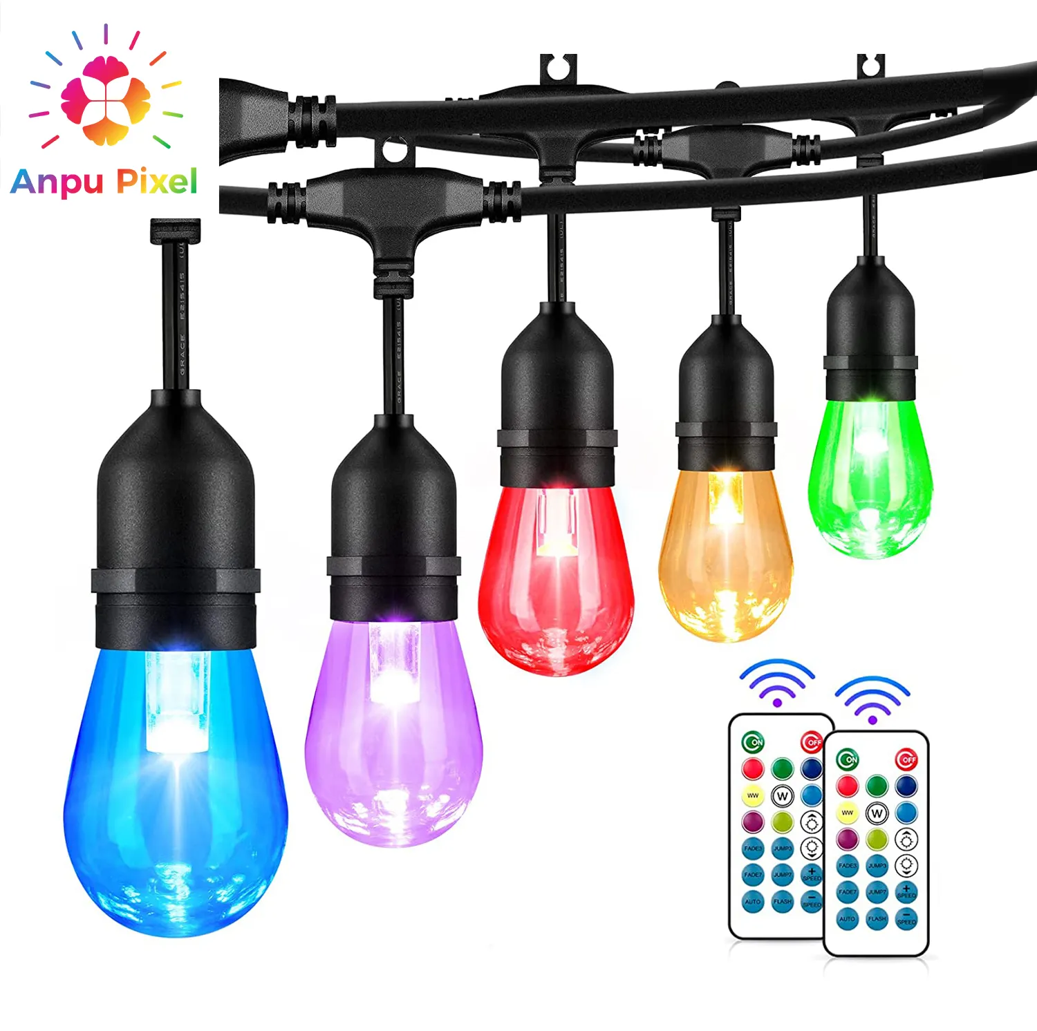 ANPU Pixel Camping Decorative Outdoor String Lights Plug in s14 Bulbs IP65 Waterproof Patio Lights RGB Festoon Lights
