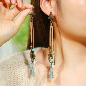Boucles d'oreilles pendantes bohèmes pour femmes, en alliage plaqué bronze antique avec coquillage et plume, bijoux de fête - Product Image 4