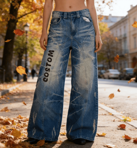 กางเกงยีนส์ทรงหลวมแนววินเทจสำหรับผู้ชาย100% สำหรับผ้ายีนส์ดิบสีน้ำตาลโคลนสกปรกซักได้เรียบมีกระดุมตกแต่งมีซิปปิด - Product Image 2