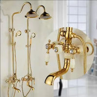 Ensemble de douche en laiton de luxe finition or antique, avec pommeau de douche pluie cloche, poignée en céramique et douchette téléphonique, vente en gros