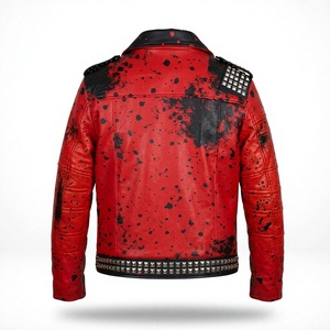 <b>Gothic</b> Punk Red Faux Leather Biker <b>Jacket</b> Turn-down Collar Black Splatter Studs Distressed Design Unisex Winter Rock Fashion - Product Image 2