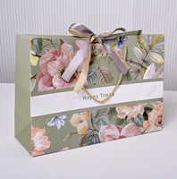 Sacs cadeaux personnalisés en papier botanique vintage recyclable avec ruban, résistants à l'humidité, imperméables, réutilisables, avec cordon de serrage, grande rose rose