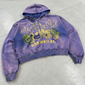 เสื้อฮู้ดซิปผ้าฝ้ายหนานุ่มพิมพ์ลายวินเทจฟอกสีสไตล์ย้อนยุคทรงโอเวอร์ไซส์ผ้าเฟรนช์เทอร์รี่ - Product Image 1