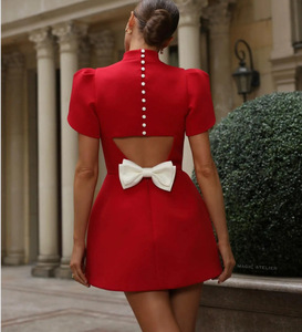 GX-abito da sera alla moda femminile abito da donna rosso girocollo a vita alta abiti a trapezio Mini abito elegante con fiocco - Product Image 3