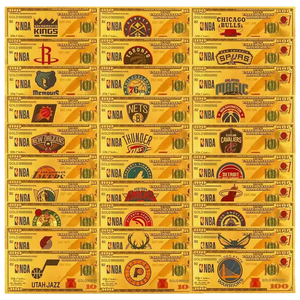 Ensemble de billets de banque en plastique à feuille d'or des 30 équipes de la <span class=keywords><strong>NBA</strong></span>, style 100 dollars, rectangulaires, personnalisables, objets de collection pour la rentrée scolaire - Product Image 1