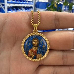 TIMEMUSE - Colgante de Lapislázuli con Pintura Ortodoxa de Jesucristo Pantocrátor, Imagen Personalizada Disponible, Entrega Rápida - Product Image 1