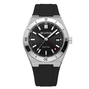 Montre-bracelet élégante de style professionnel avec boîtier en acier inoxydable, mouvement à quartz, bracelet en caoutchouc vert pour affichage double fuseau horaire et lecture lumineuse - Product Image 4