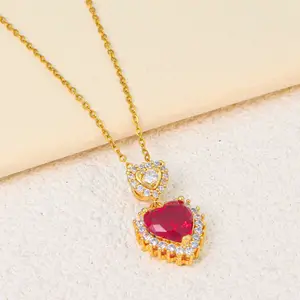 Women's Red Heart-Shape Gold-Plated Pendant Necklace Fashionable Daily Wear Cubic Zirconia Copper Alloy Jewelry