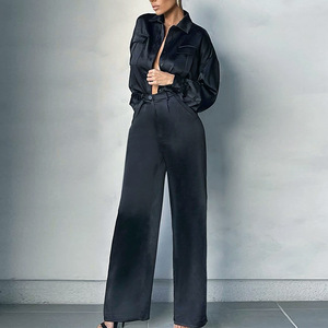 Ensemble de costume deux pièces pour femmes, couleur unie, haut boutonné, pantalon droit taille haute, satin, tenue décontractée - Product Image 1