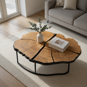 Mesa de Centro Redonda de Madera de Arce Maciza con Borde Natural y Base de Metal Negro, Muebles Rústicos Modernos para Sala de Estar, Indonesia - Product Image 4