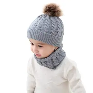 Topi Rajut Anak-anak, 2 Buah Topi Beanie + Syal Hangat Mode Balita Bayi Bola Pom Polos Lucu untuk Anak-anak Musim Dingin