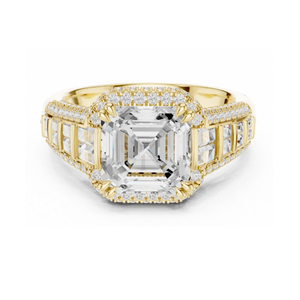 Bague de fiançailles taille Asscher en or jaune avec halo de diamants, baguettes et pavé, large bande, bague statement, bijoux de mariée élégants - Product Image 1