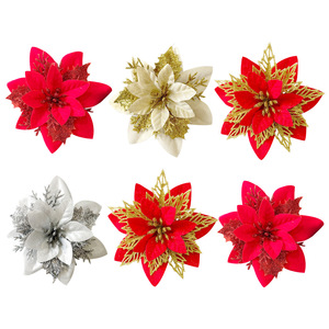 Fleurs de Poinsettia artificielles rouges, dorées et argentées en plastique, décorations faites à la main pour la maison et la décoration de l'arbre de Noël - Product Image 4