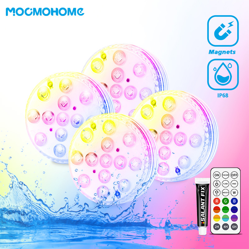 Round Remote-controlled IP68 Waterproof Swimming Pool Light with RGB Light Effect Can Be Magnetically Attached, and Can Be Glued