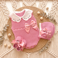 Combinaison bébé Kaiyue, combinaison en coton personnalisée, nouveau-né, fille, ensemble tricoté 3 pièces, col Peter Pan, combinaison à fleurs, broderie, nœud en satin