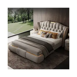 现代最新皮革卧室家具套装木质床头板特大豪华床架设计软垫双人床房