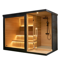 Sauna sec en bois moderne pour l'intérieur et l'extérieur avec douche intégrée et poêle à bois de 6 kW