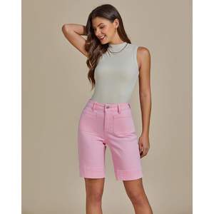 2025 pantalones cortos de mezclilla de verano Vintage de cintura alta para mujer, pantalones cortos informales elásticos largos con bolsillo de parche a la moda - Product Image 5