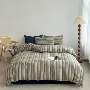 Juego de Ropa de Cama de Algodón Lavado Vintage de 4 Piezas, Juego de Funda Nórdica a Rayas Retro, Ropa de Cama Transpirable y Suave para Hotel o Casa de Campo Moderna - Product Image 3
