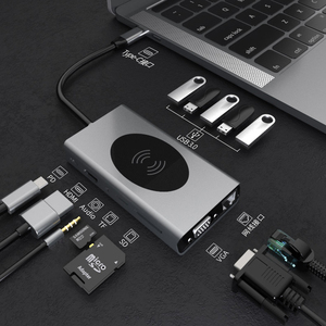 <span class=keywords><strong>HDMI</strong></span> VGA USB3.0 SD TF RJ45 PD audio3.5 không dây sạc 10W 13 trong 1 USB Hub. - Product Image 1