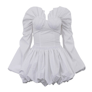 Ensemble jupe froncée <span class=keywords><strong>sexy</strong></span>, haut sans bretelles à manches lanternes et jupe bouffante, ensemble 2 pièces pour femmes - Product Image 3