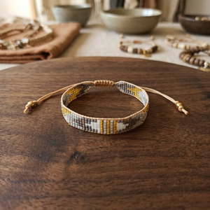 Sstringz Handmade Gold Metallic, Ivory White & Charcoal Grey Miyuki Delica <b>Bead</b> <b>Bracelet</b> with Tribal Geometric Pattern - Product Image 5