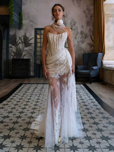 Gaun Panjang Putih Baru Seksi Berbahan Lace Transparan dengan <span class=keywords><strong>Patchwork</strong></span> dan Jaring Tulang Ikan, Gaun Malam Elegan - Product Image 1