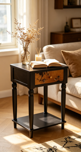 Mesa Auxiliar Moderna de Madera Negra con Cajón Floral y Estante Inferior para Sala de Estar o Dormitorio - Product Image 4