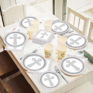 Juego de Vajilla para 24 Invitados con Servilletas y Platos de Postre con Cruz para Bautizo y <span class=keywords><strong>Primera</strong></span> Comunión, Color Gris, Artículos Religiosos para Fiestas - Product Image 5