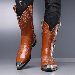 Bottes Western pour Hommes, Longueur Genou, Broderie Faite Main, Fermeture Éclair, Grande Taille, Style Cowgirl, Idéales pour l'Équitation - Product Image 3
