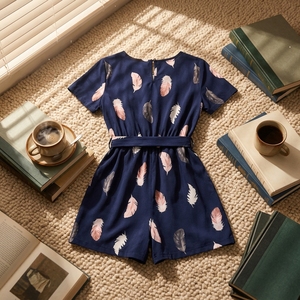 Combinaison à manches courtes pour femmes, imprimé plumes, col rond, taille élastique, ceinture à nouer, combinaison d'été décontractée, multicolore - Product Image 2